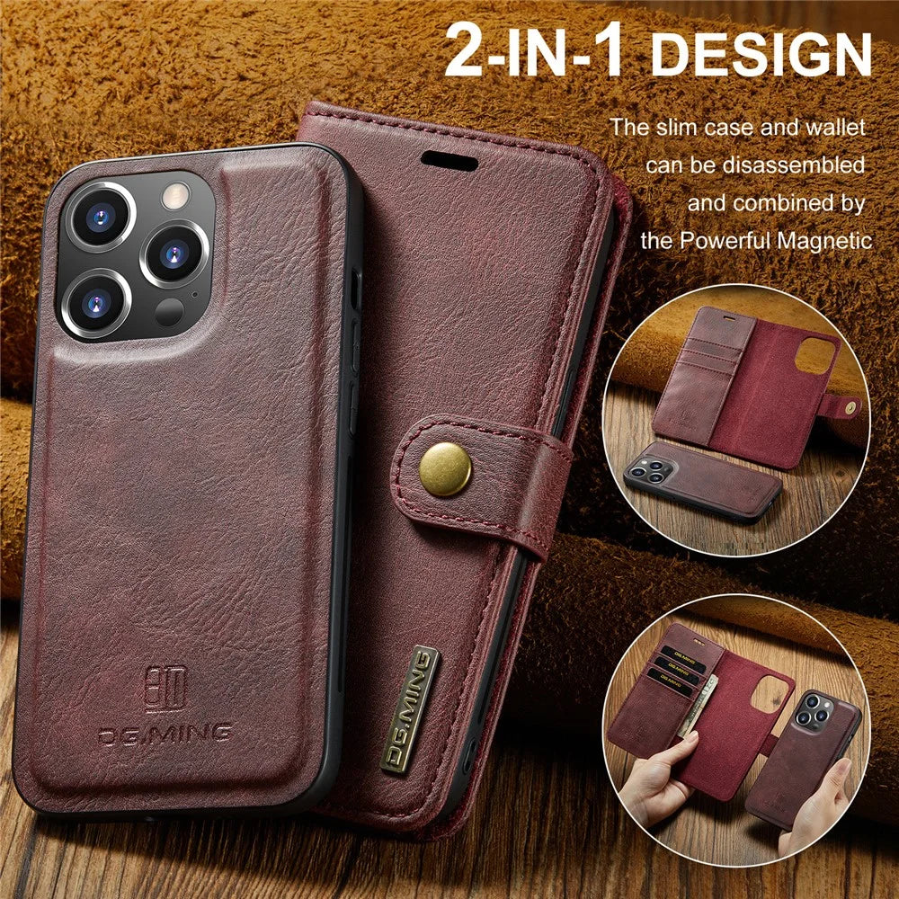 DG.MING for iPhone 16 Pro Max Case Detachable Split Leather Phone Cover - Red - 7