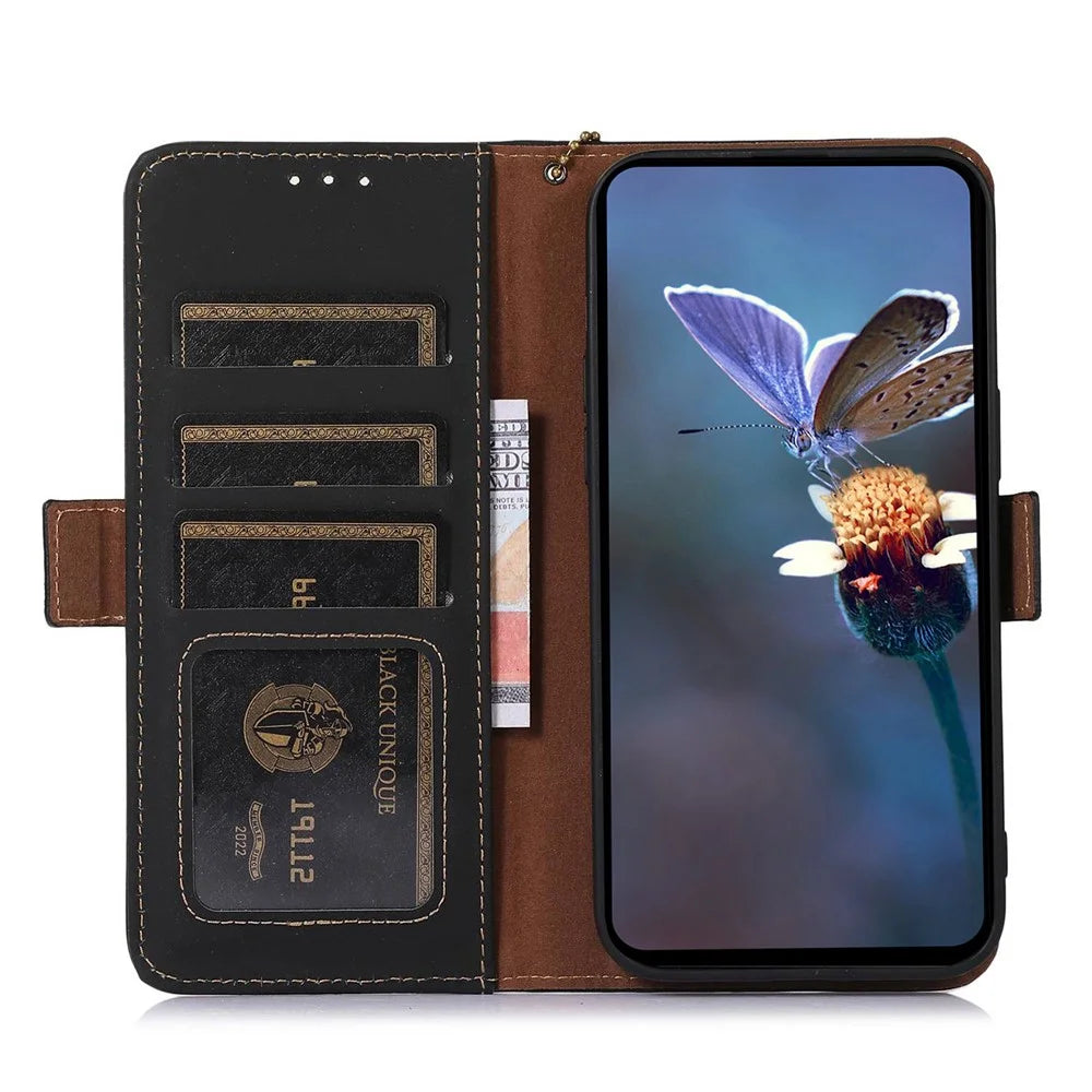 For Samsung Galaxy M35 5G Wallet Case Anti-Drop Genuine Cow Leather Phone Cover RFID Blocking - Black - 3