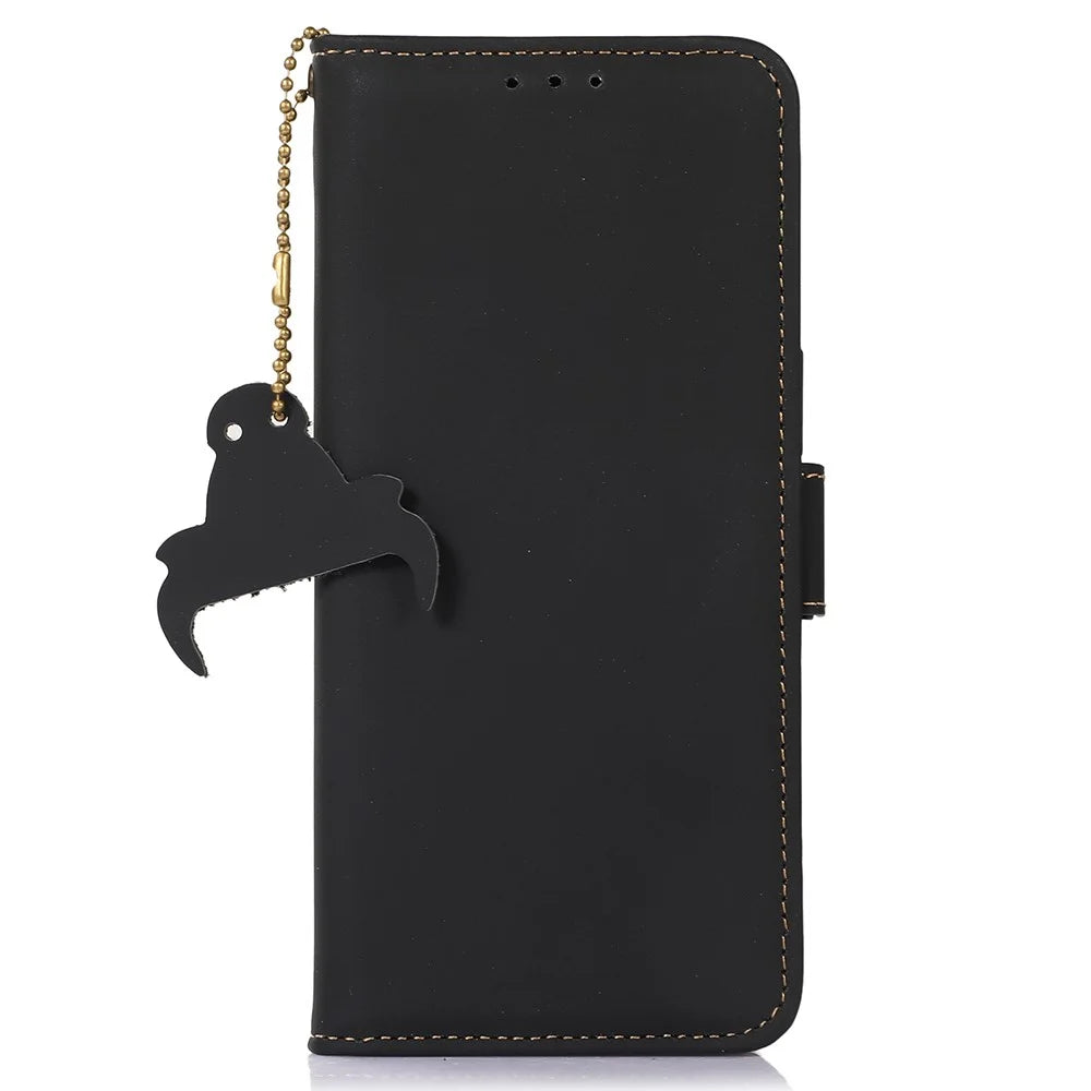 For Samsung Galaxy M35 5G Wallet Case Anti-Drop Genuine Cow Leather Phone Cover RFID Blocking - Black - 6