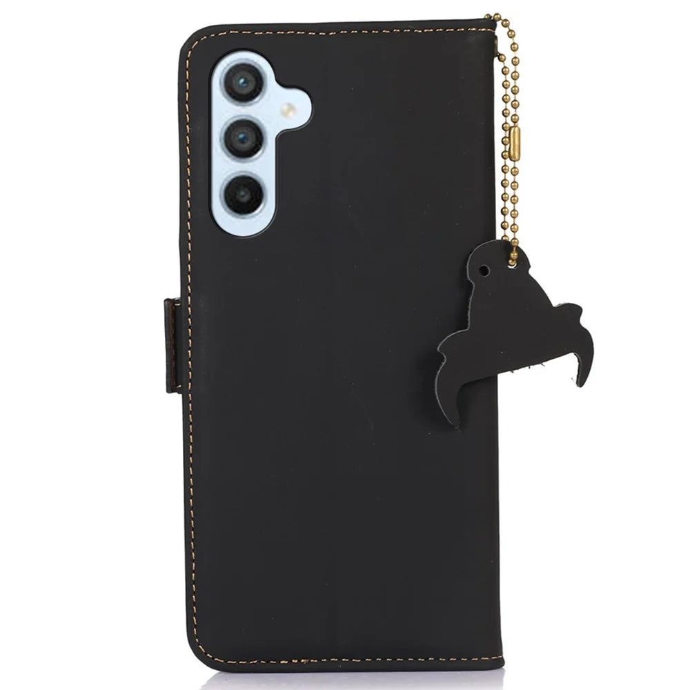 For Samsung Galaxy M35 5G Wallet Case Anti-Drop Genuine Cow Leather Phone Cover RFID Blocking - Black - 7