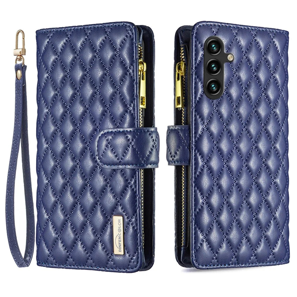 BINFEN COLOR BF Style-15 For Samsung Galaxy A16 5G / A16 4G Leather Case Zipper Pocket Rhombus Phone Cover - Blue - 1