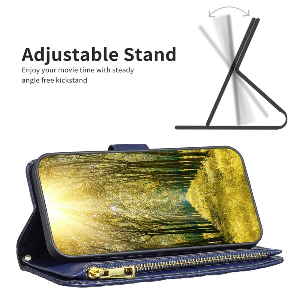 BINFEN COLOR BF Style-15 For Samsung Galaxy A16 5G / A16 4G Leather Case Zipper Pocket Rhombus Phone Cover - Blue - 2