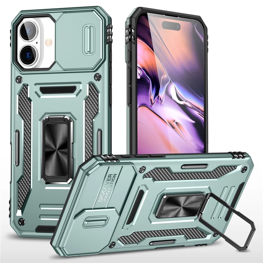 Armor Series For iPhone 16 Case Kickstand Slide Lens Lid PC+TPU Drop-Proof Phone Cover - Green - 1