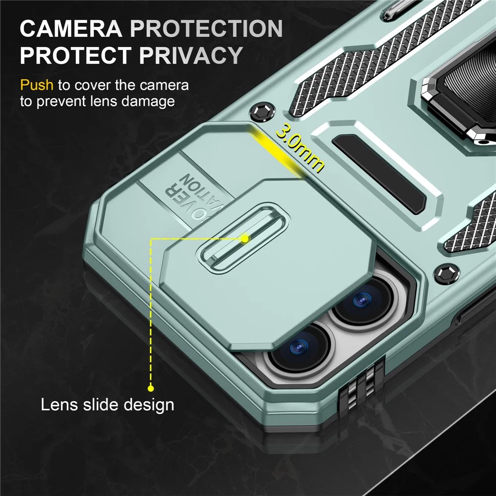 Armor Series For iPhone 16 Case Kickstand Slide Lens Lid PC+TPU Drop-Proof Phone Cover - Green - 5