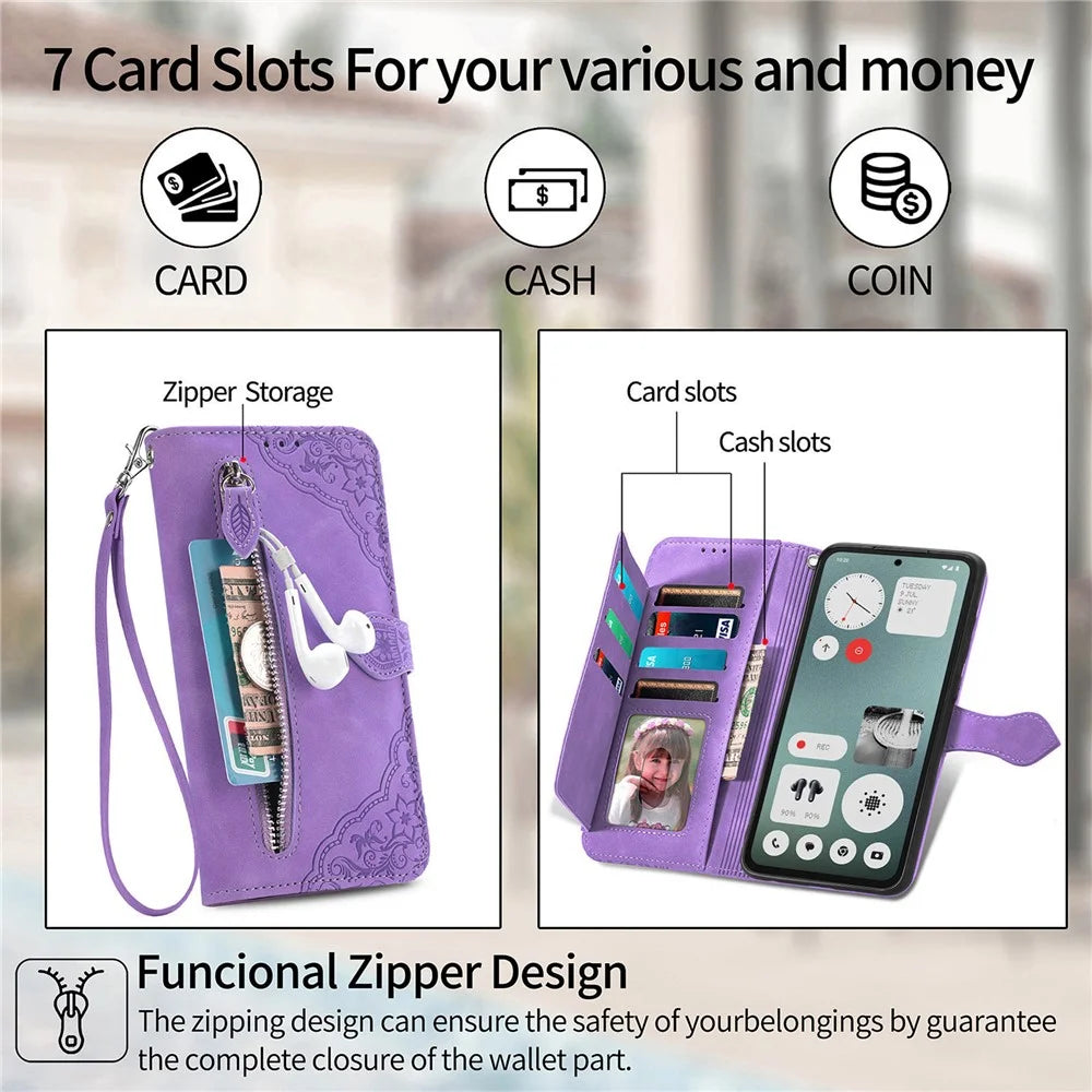 For Nothing CMF Phone 1 Zipper Wallet Case with Strap Flower Imprint PU Leather Phone Cover - Light Purple - 4