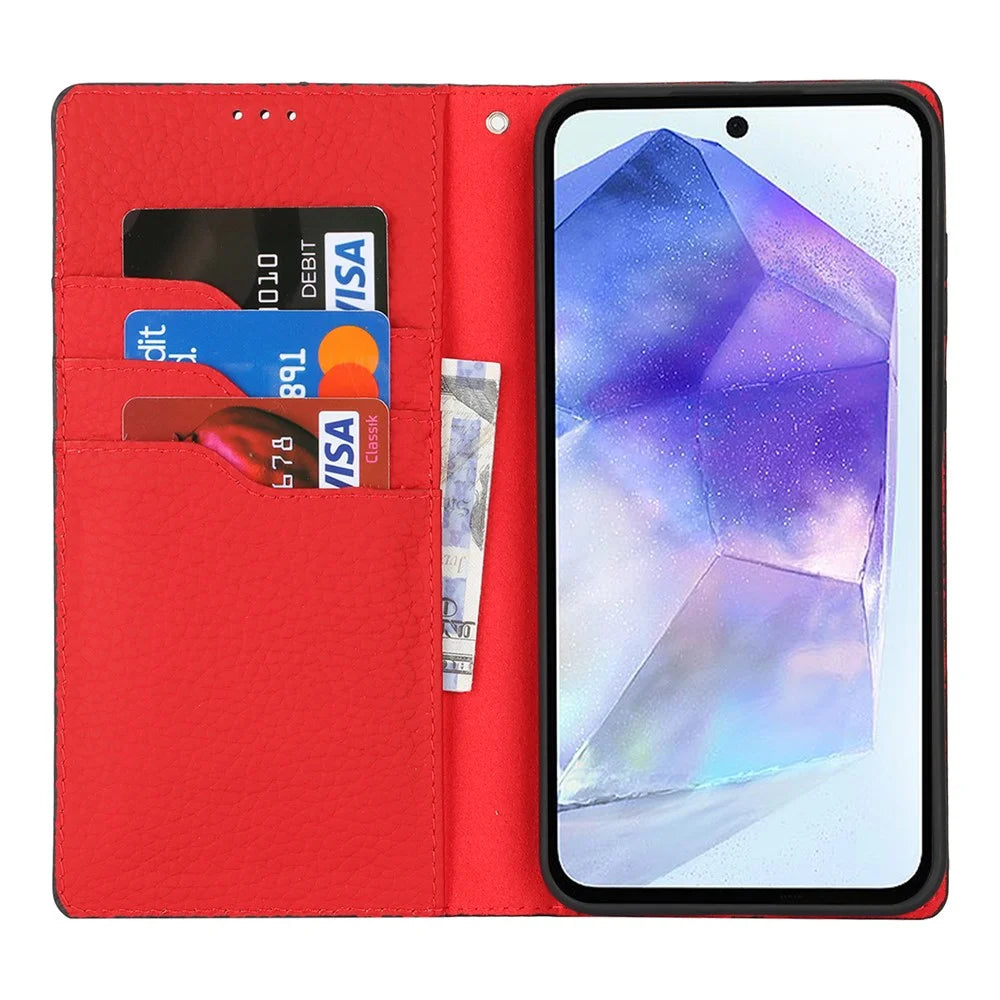 For Samsung Galaxy A55 5G Wallet Case Genuine Cow Leather Phone Cover Litchi Texture - Blue - 2