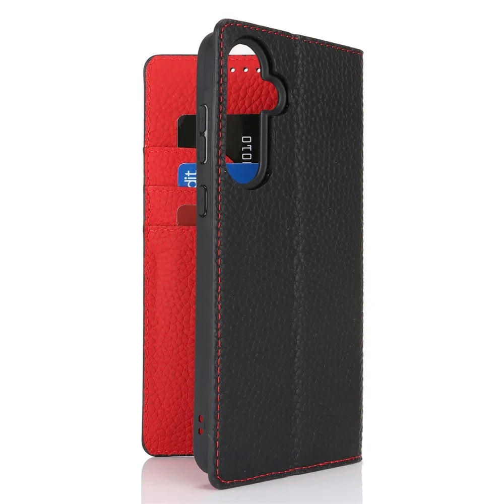 For Samsung Galaxy A55 5G Wallet Case Genuine Cow Leather Phone Cover Litchi Texture - Blue - 5