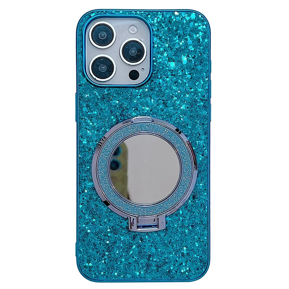 For iPhone 15 Pro Max Case TPU+PC Kickstand Phone Cover with Mirror - Blue - 1