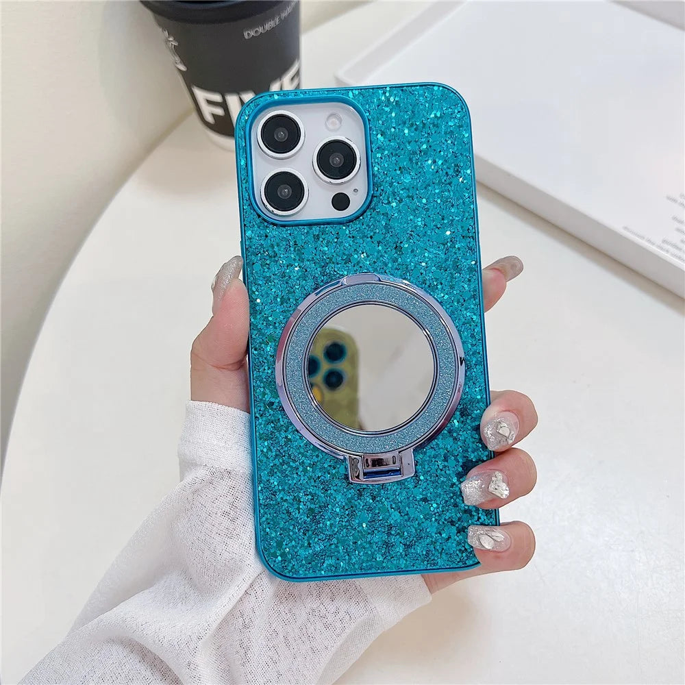 For iPhone 15 Pro Case Kickstand TPU+PC Phone Cover with Mirror - Blue - 2