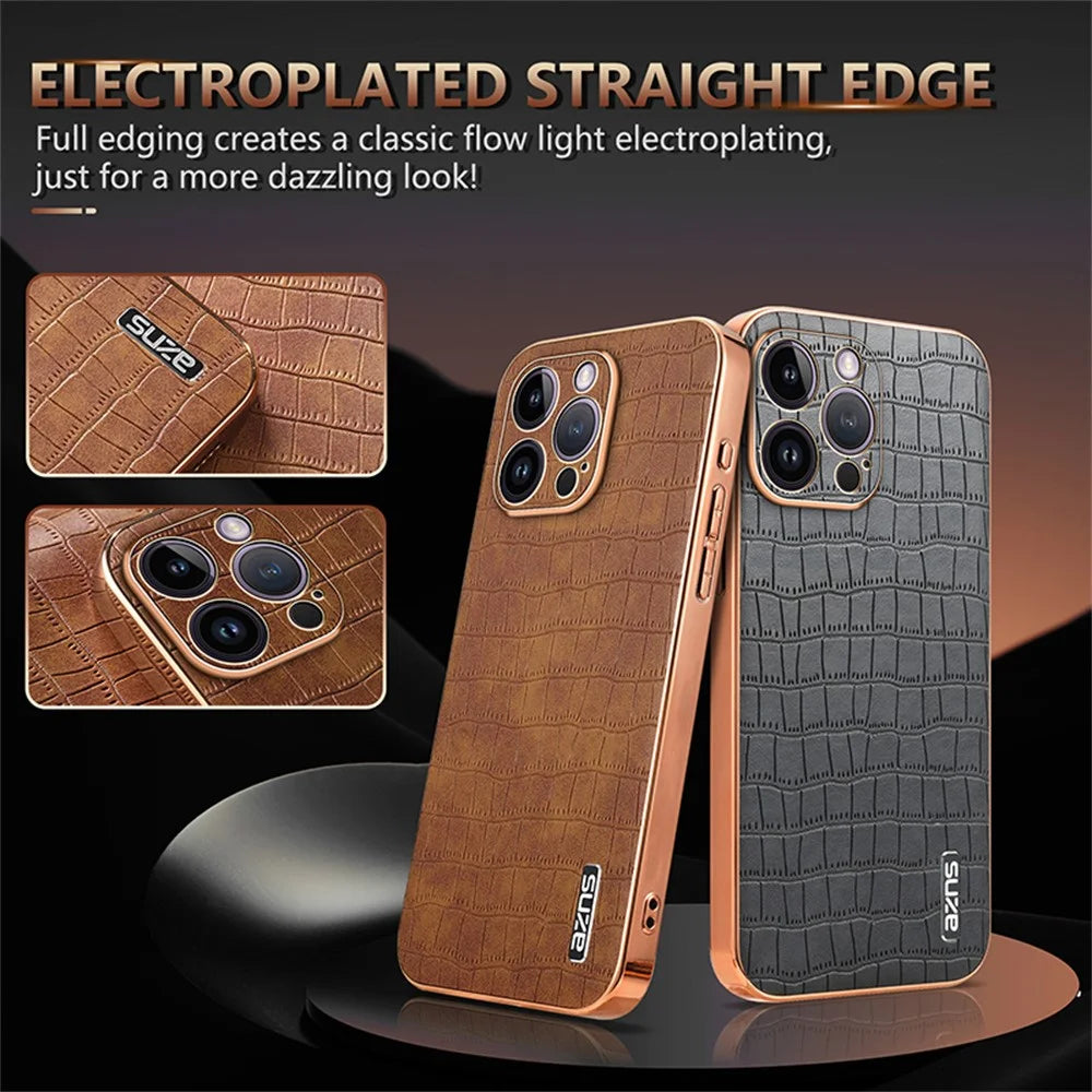 AZNS For iPhone 16 Pro Max Case Electroplating Crocodile Texture PU+TPU Phone Cover - Brown - 4