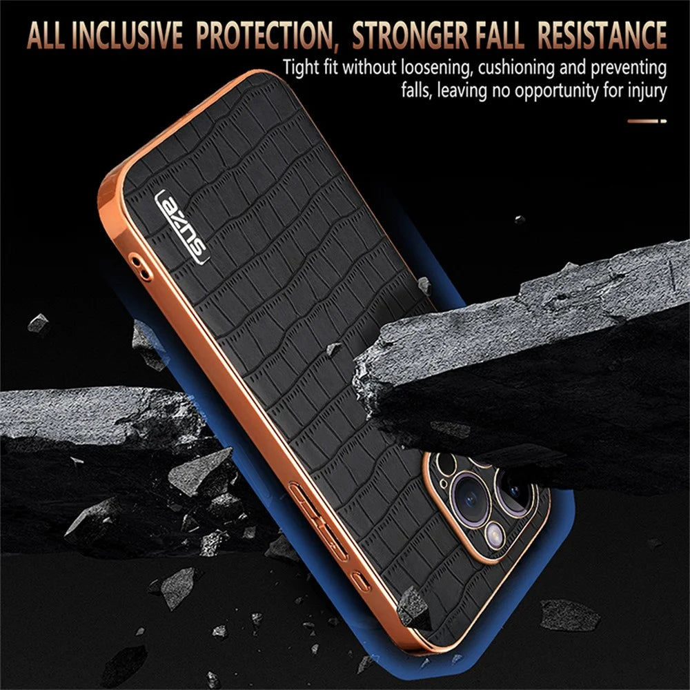 AZNS For iPhone 16 Pro Case Electroplating PU+TPU Phone Cover Crocodile Texture - Black - 5