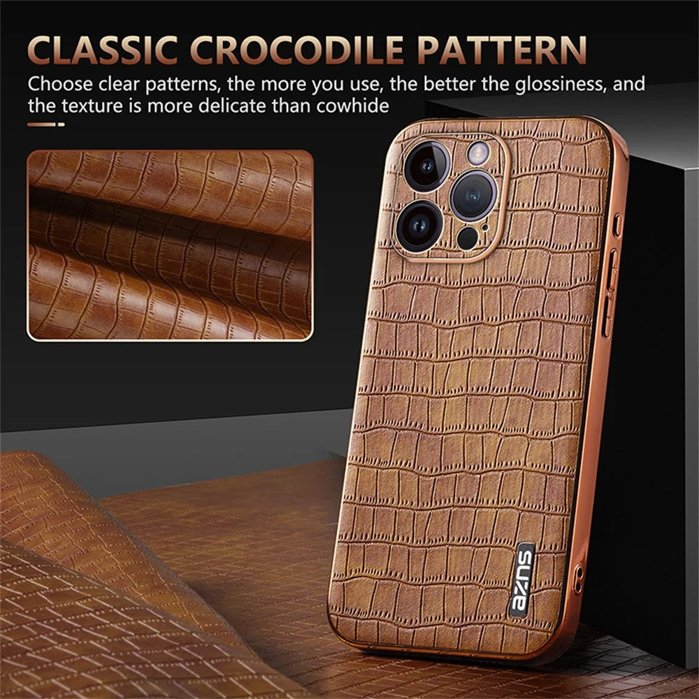 AZNS For iPhone 16 Pro Case Electroplating PU+TPU Phone Cover Crocodile Texture - Black - 6