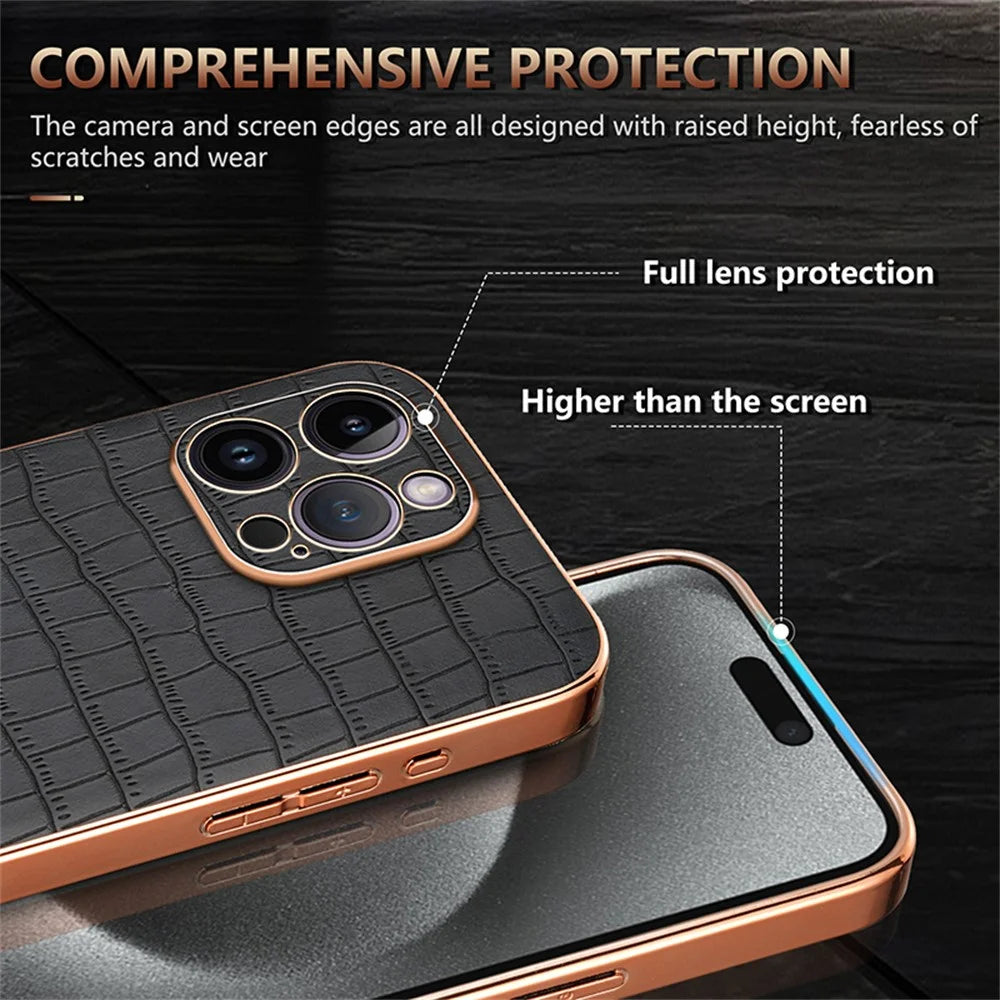 AZNS For iPhone 16 Pro Case Electroplating PU+TPU Phone Cover Crocodile Texture - Black - 7
