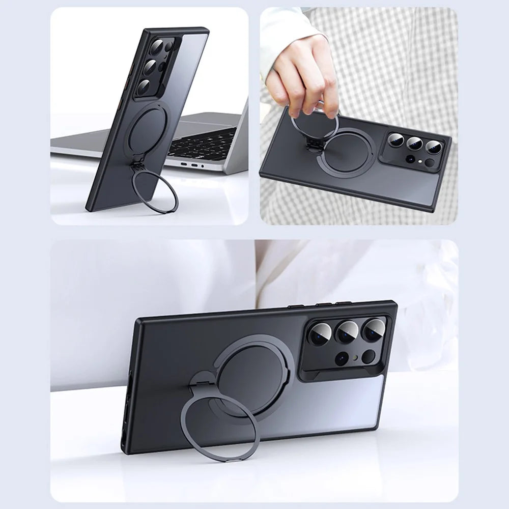 For Samsung Galaxy S23 Ultra Phone Case Kickstand Matte Back Cover Magnetic Case - Black - 5