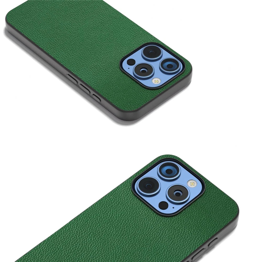 ABEEL For iPhone 16 Pro Case Litchi Texture Genuine Cow Leather+PC Phone Cover - Green - 3