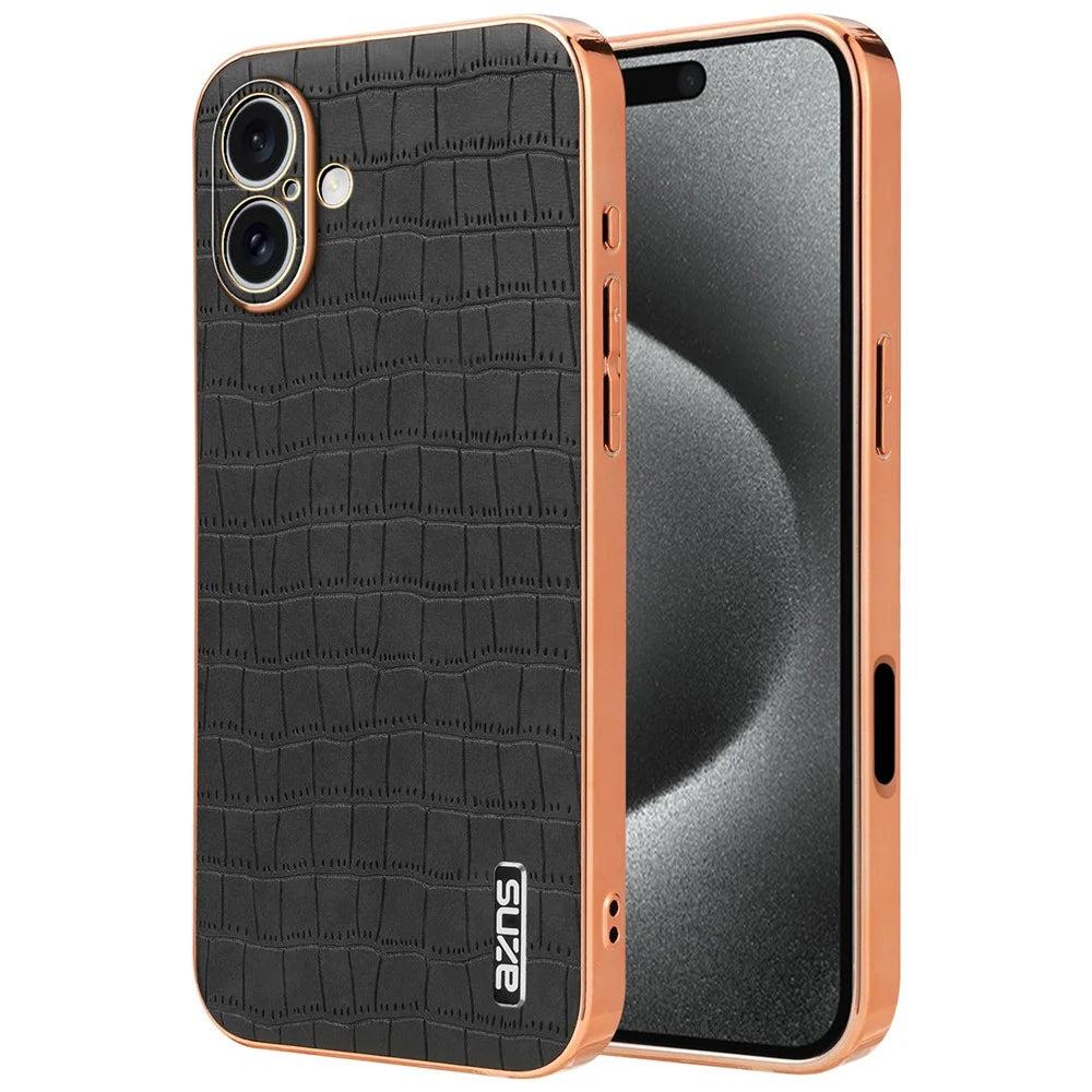 AZNS For iPhone 16 Case Electroplating Crocodile Texture PU+TPU Phone Cover - Black - 1