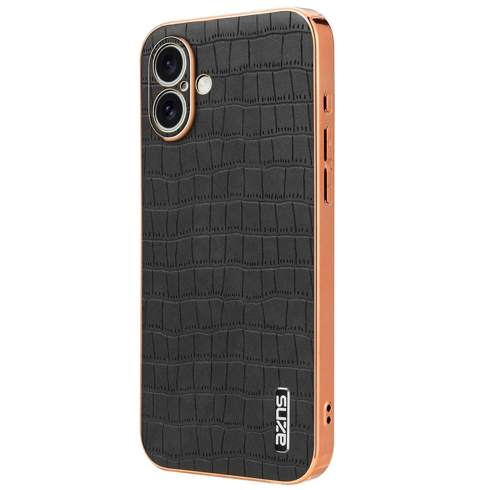 AZNS For iPhone 16 Plus Case Electroplating Crocodile Texture PU+TPU Phone Cover - Black - 2