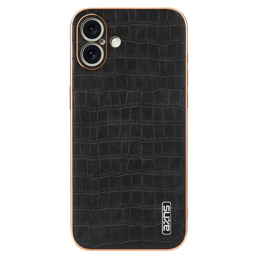AZNS For iPhone 16 Plus Case Electroplating Crocodile Texture PU+TPU Phone Cover - Black - 3