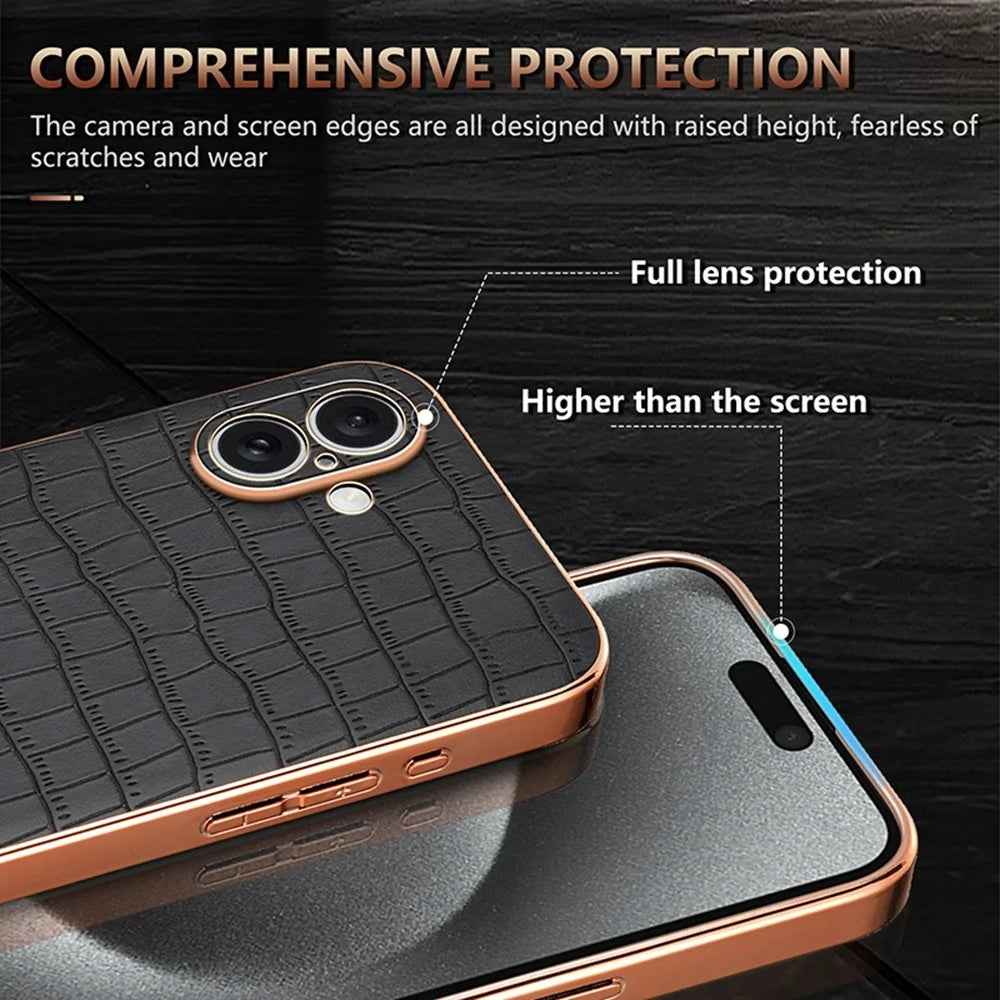 AZNS For iPhone 16 Plus Case Electroplating Crocodile Texture PU+TPU Phone Cover - Black - 5