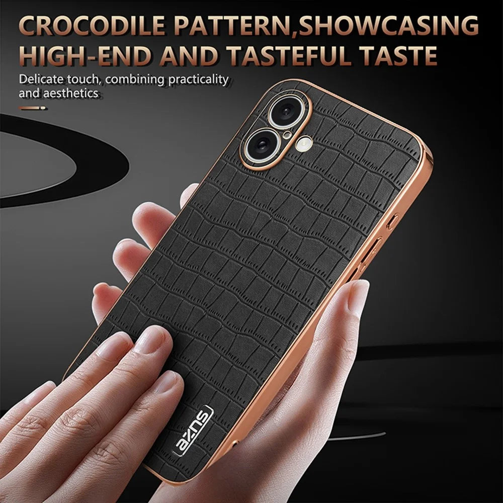 AZNS For iPhone 16 Plus Case Electroplating Crocodile Texture PU+TPU Phone Cover - Black - 6