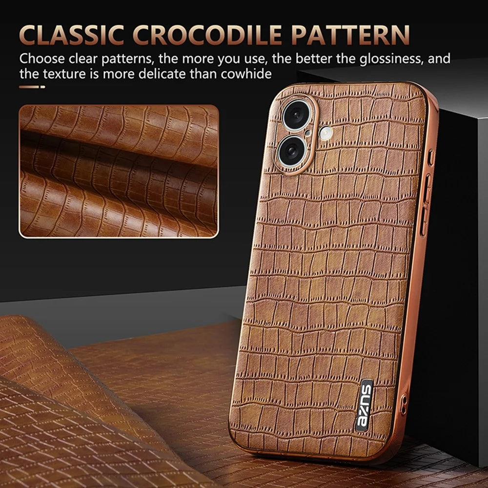 AZNS For iPhone 16 Plus Case Electroplating Crocodile Texture PU+TPU Phone Cover - Black - 7