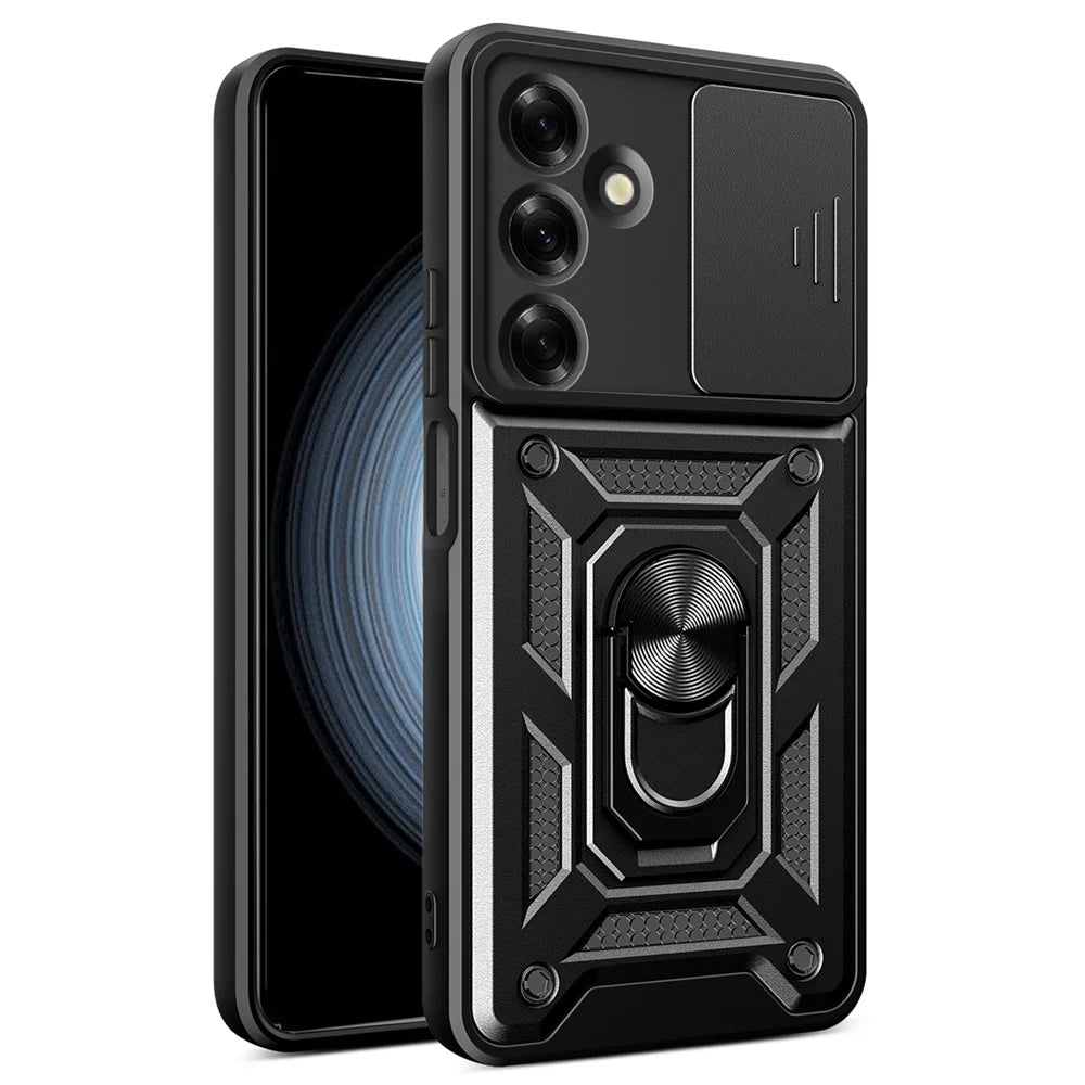 For Samsung Galaxy M35 5G Case with Slide Camera Lid PC+TPU Kickstand Phone Cover - Black - 1