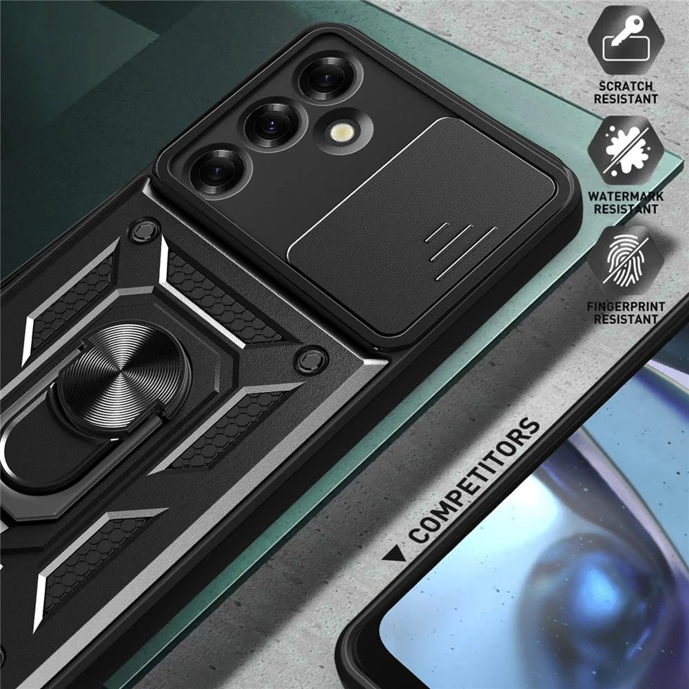 For Samsung Galaxy M35 5G Case with Slide Camera Lid PC+TPU Kickstand Phone Cover - Black - 5