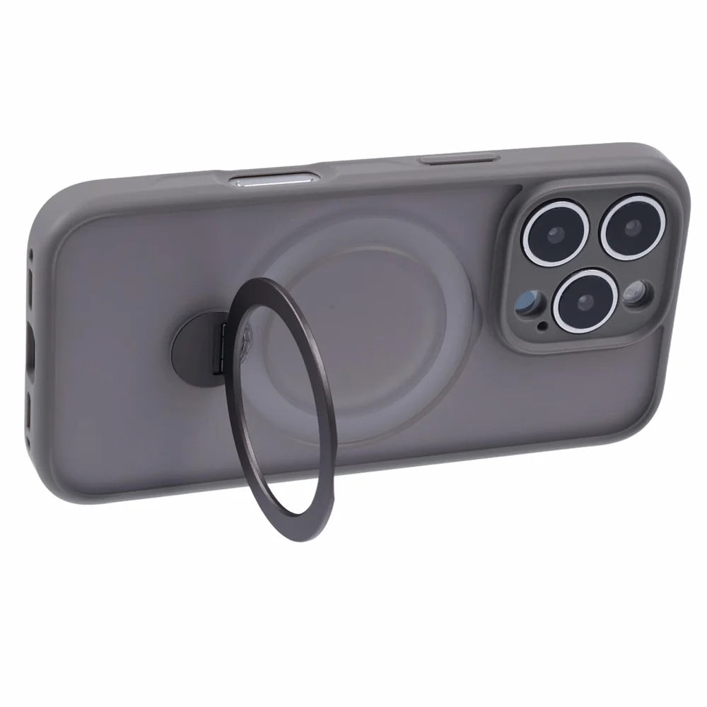 For iPhone 16 Pro Case Compatible with MagSafe Matte TPU+PC Rotary Kickstand Phone Cover - Titanium Grey - 4