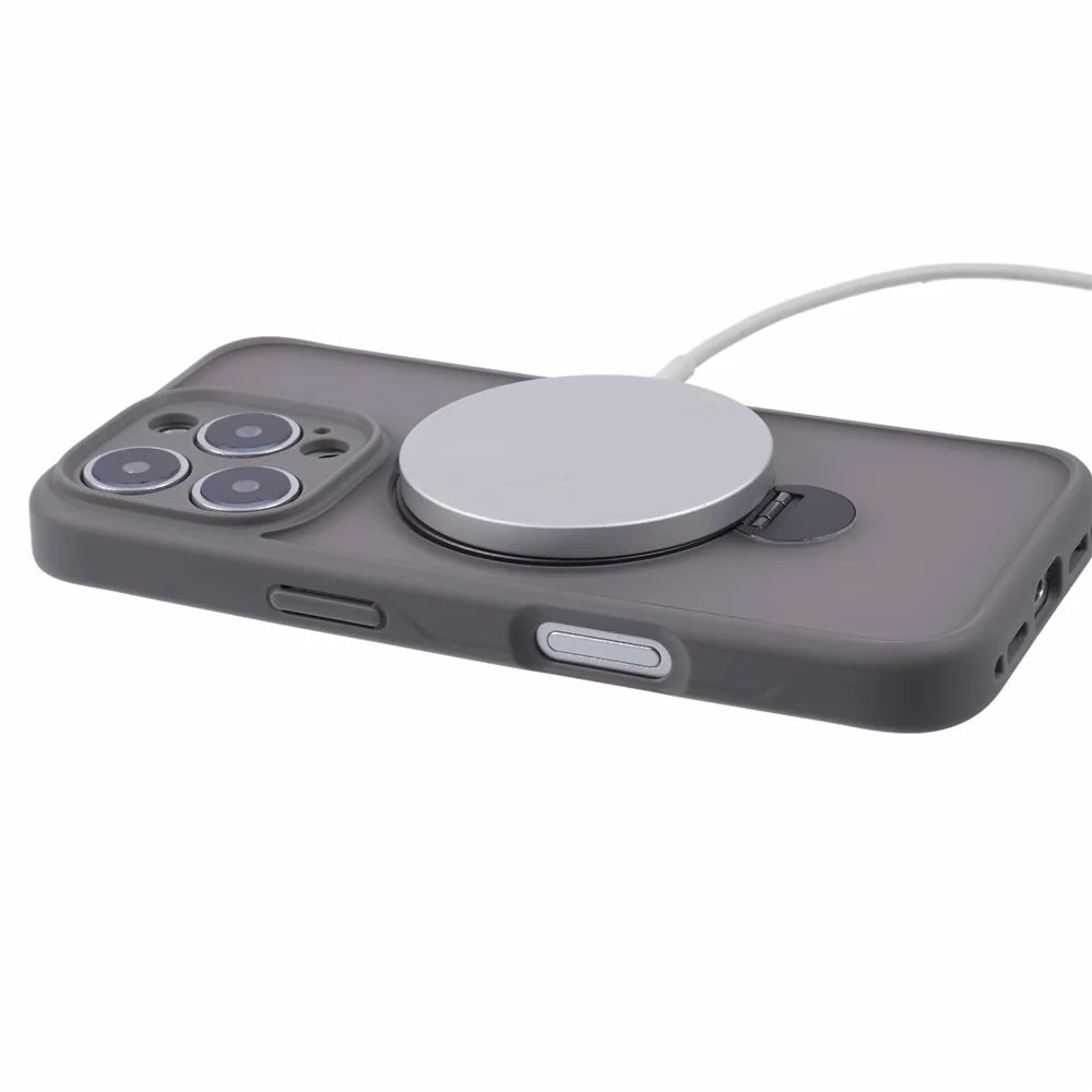 For iPhone 16 Pro Case Compatible with MagSafe Matte TPU+PC Rotary Kickstand Phone Cover - Titanium Grey - 5