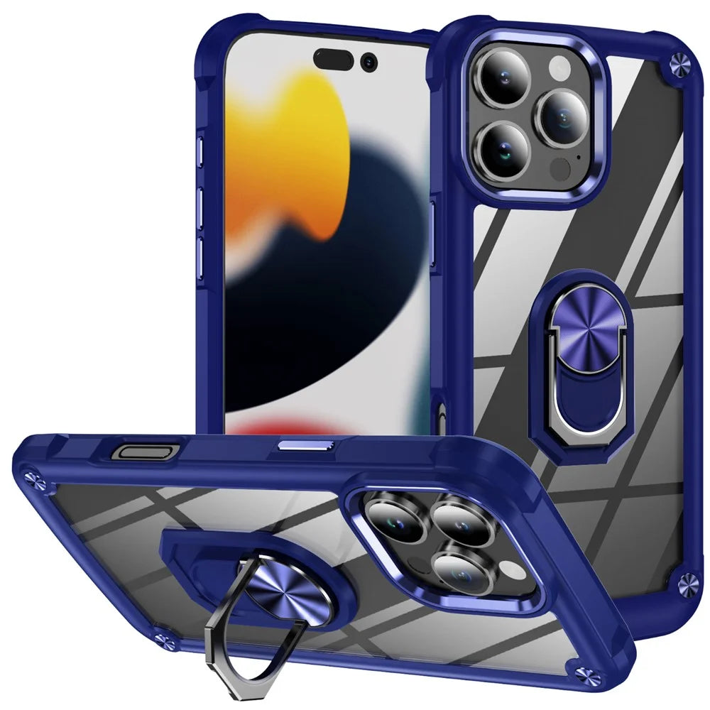 For iPhone 16 Pro Max Case Alloy Lens Frame PC + TPU Kickstand Phone Back Cover - Sapphire - 1
