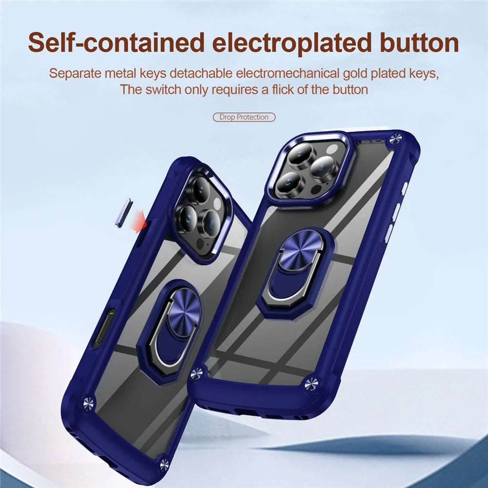 For iPhone 16 Pro Max Case Alloy Lens Frame PC + TPU Kickstand Phone Back Cover - Sapphire - 7
