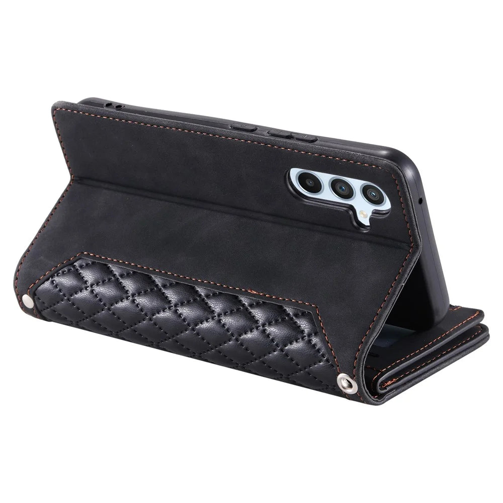 Style 005 For Samsung Galaxy A16 5G / A16 4G Wallet Case Rhombus Stitching Line PU Leather Phone Cover - Black - 5