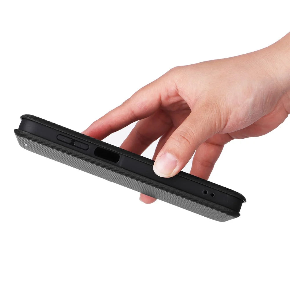 For Samsung Galaxy M35 5G Case Card Holder Carbon Fiber Texture Leather Cell Phone Cover - Black - 6