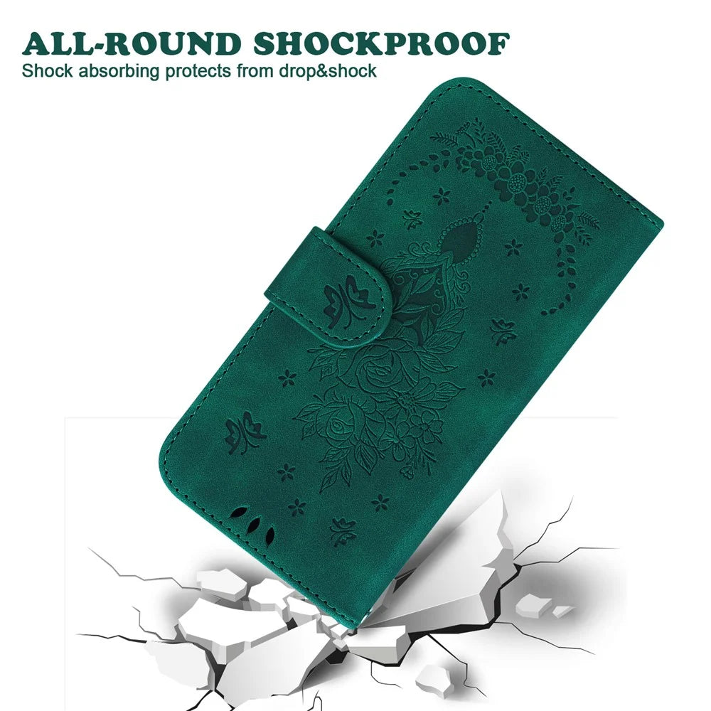 For Samsung Galaxy A06 4G Case PU Leather Wallet Phone Cover Butterfly Flower Imprint - Green - 5