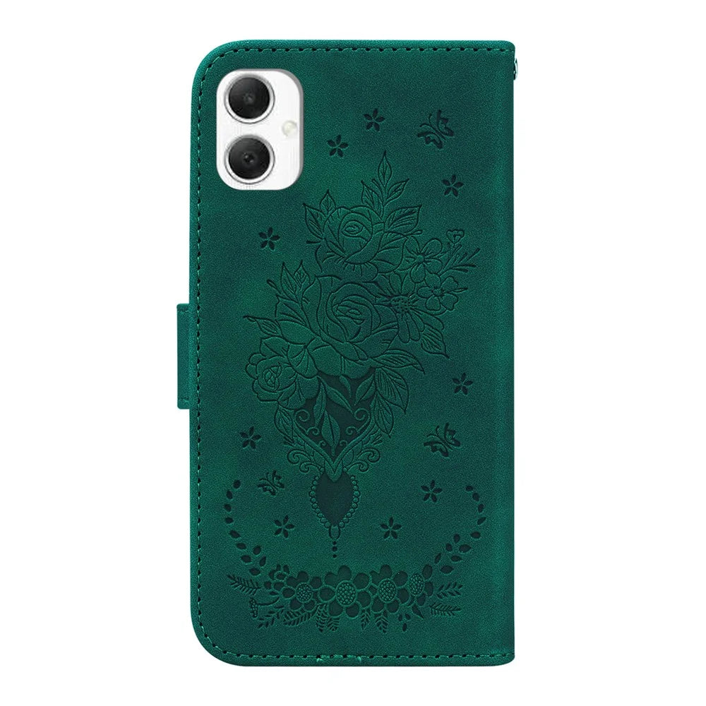 For Samsung Galaxy A06 4G Case PU Leather Wallet Phone Cover Butterfly Flower Imprint - Green - 7