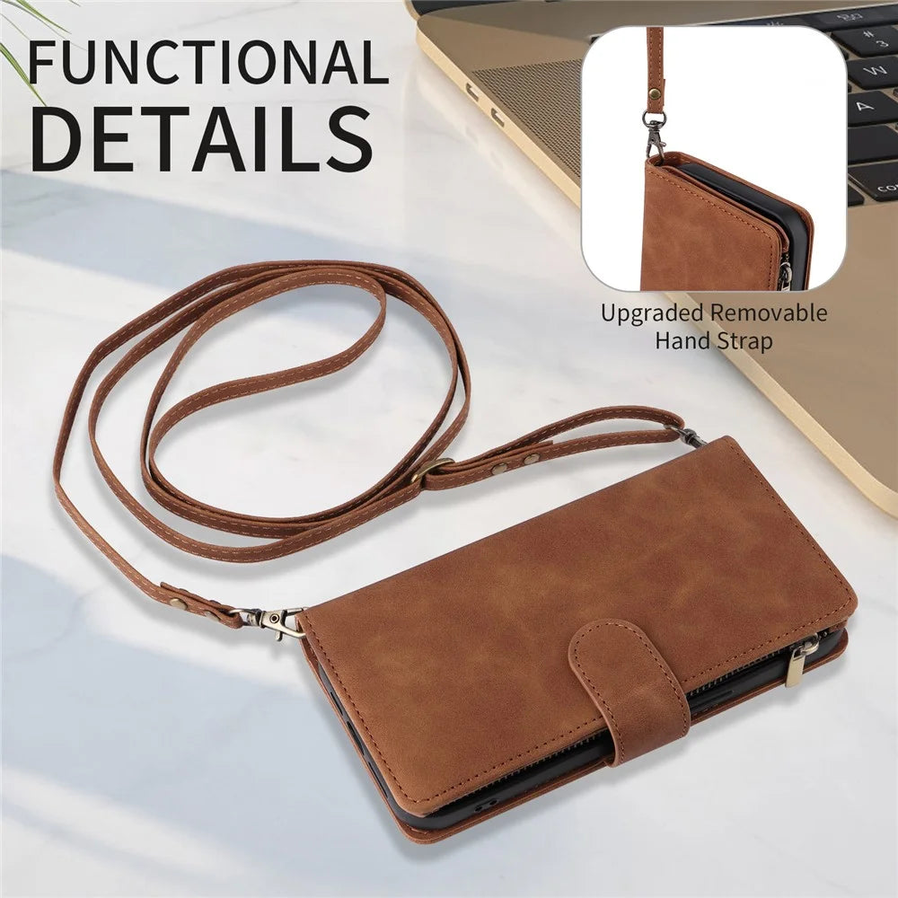 For iPhone 15 Pro Case Zipper Multi-Pocket Wallet Leather Phone Cover with Shoulder and Wrist Straps - Brown - 4