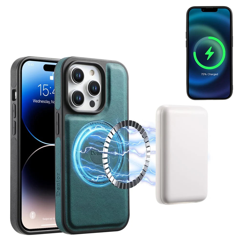 DENIOR A13 For iPhone 15 Pro Max Magnetic Case PU Leather Coated PC+TPU Phone Cover - Green - 2
