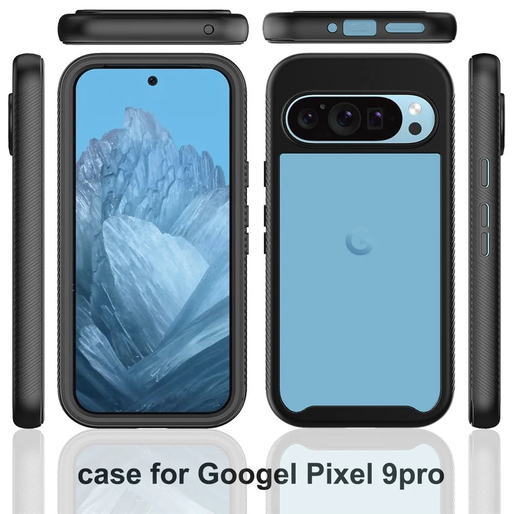 For Google Pixel 9 / Pixel 9 Pro Case PC+TPU Clear Phone Cover with PET Screen Film All-Around Protection - Black - 5