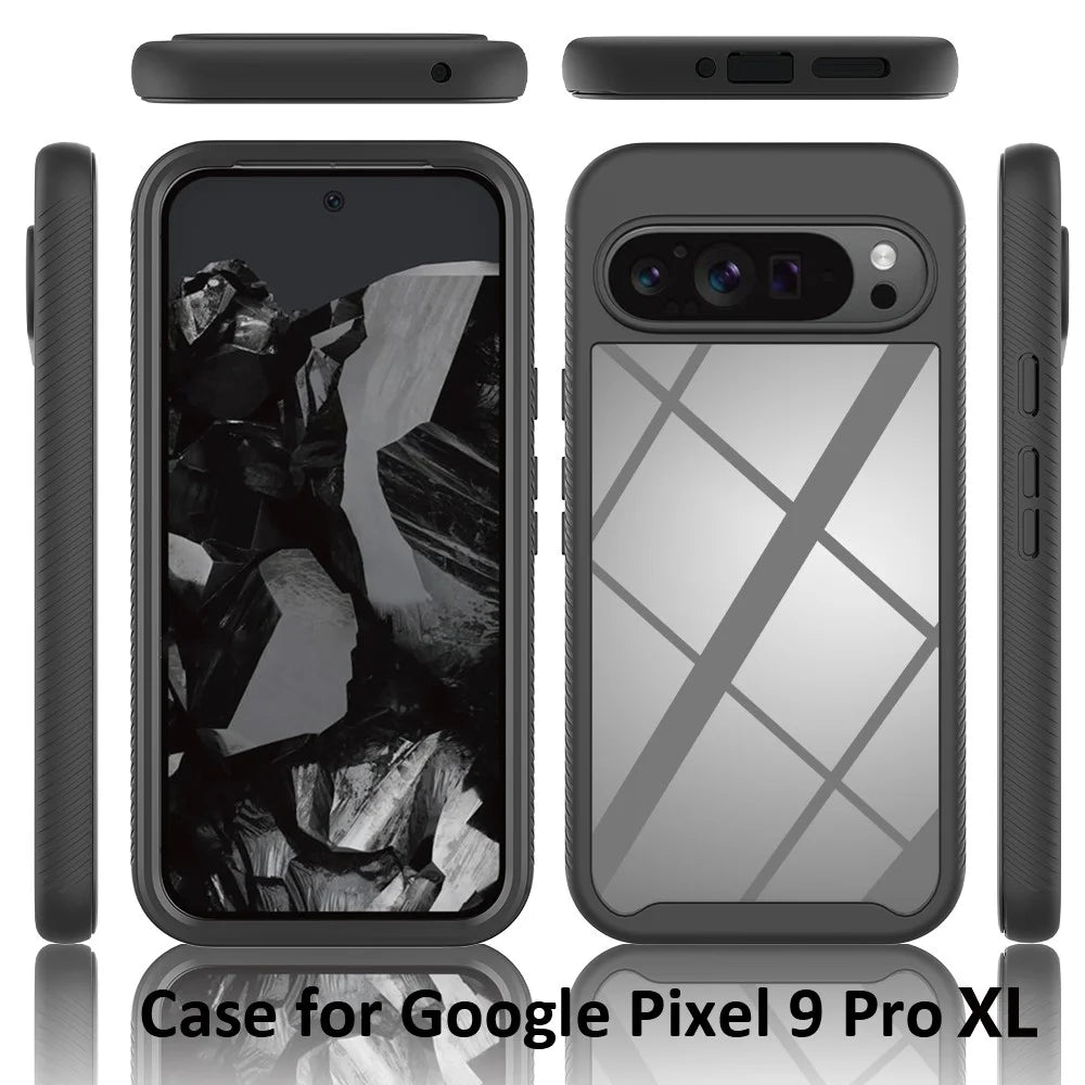 For Google Pixel 9 Pro XL Case PC+TPU Clear Phone Cover with PET Screen Film All-Around Protection - Black - 5
