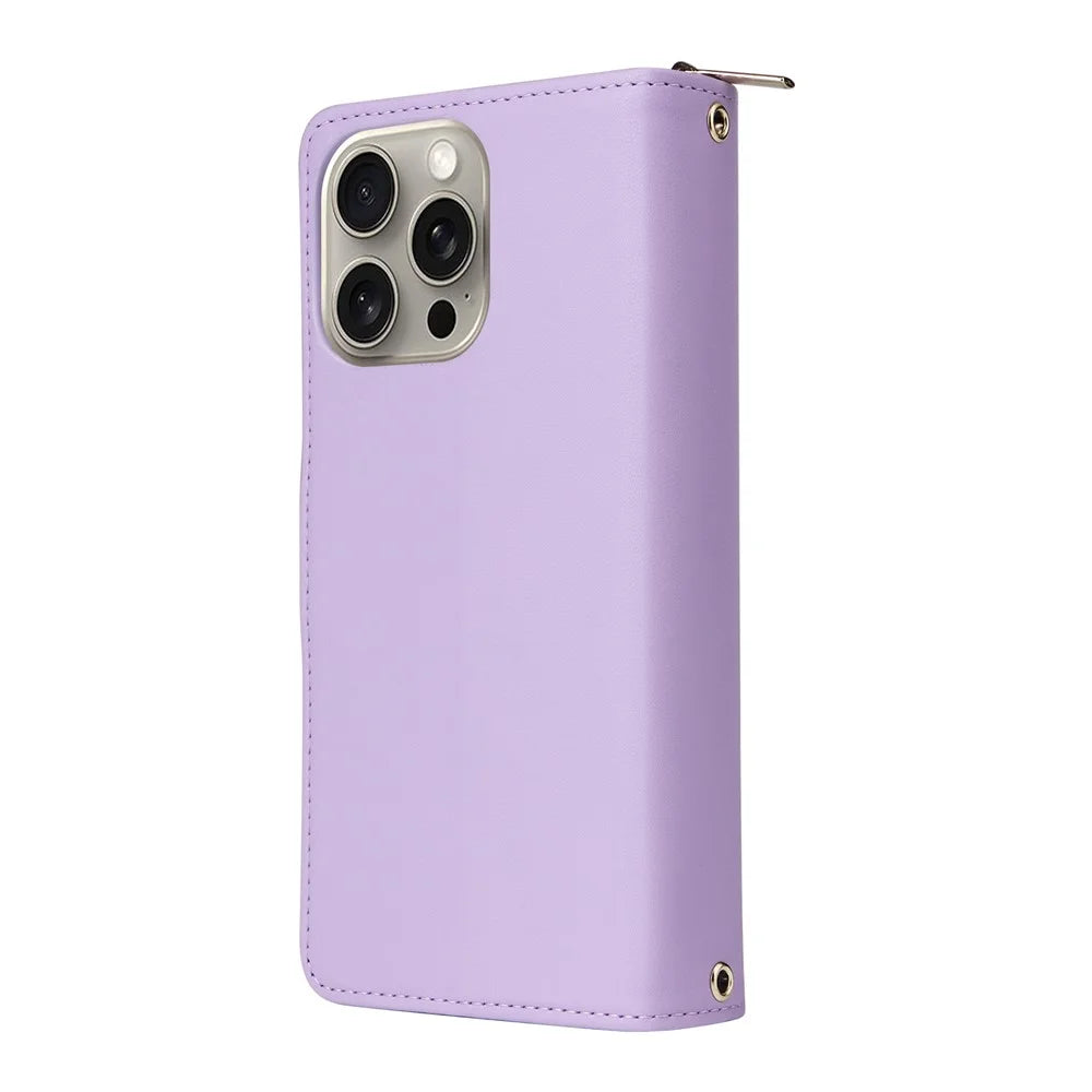 R20 For iPhone 15 Pro Max Case Zipper Pocket PU Leather Cover with 9 Card Slots - Purple - 6