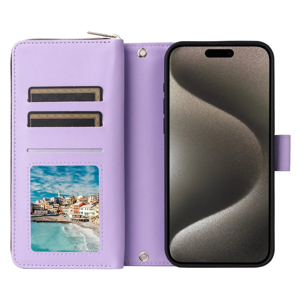R20 For iPhone 15 Pro Case Zipper Pocket PU Leather Cover with 9 Card Slots - Purple - 2