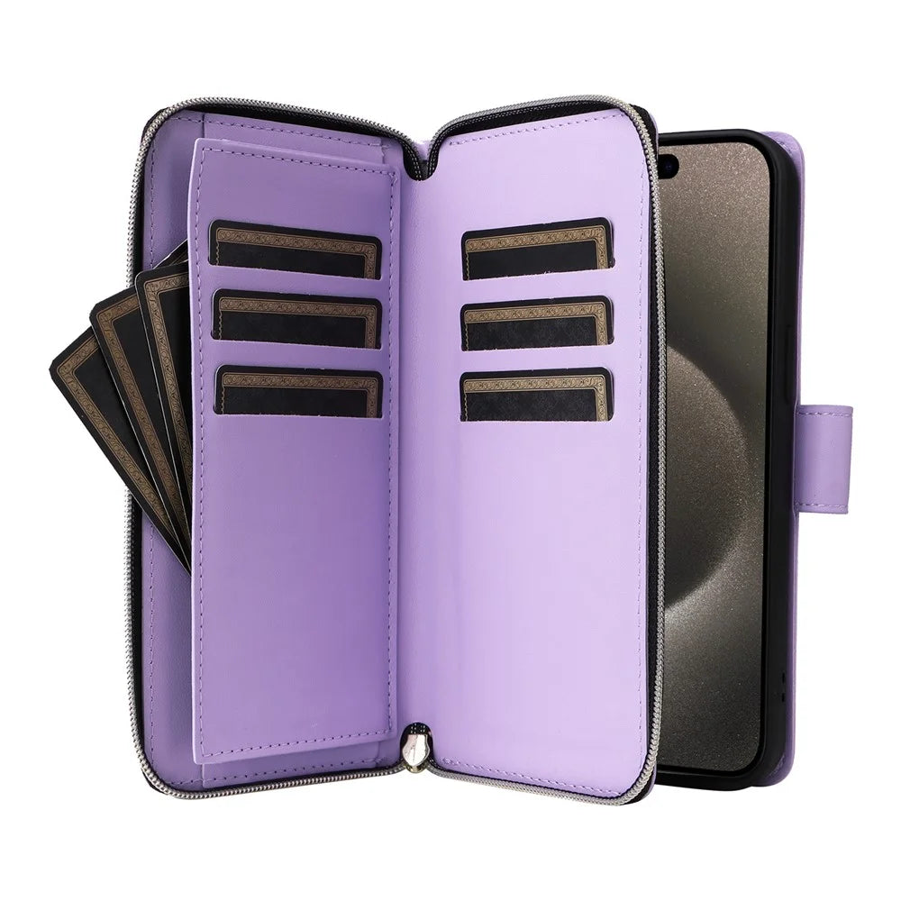 R20 For iPhone 15 Pro Case Zipper Pocket PU Leather Cover with 9 Card Slots - Purple - 3
