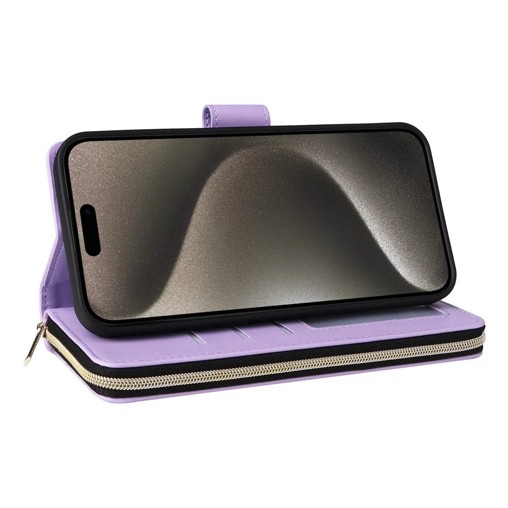 R20 For iPhone 15 Pro Case Zipper Pocket PU Leather Cover with 9 Card Slots - Purple - 4