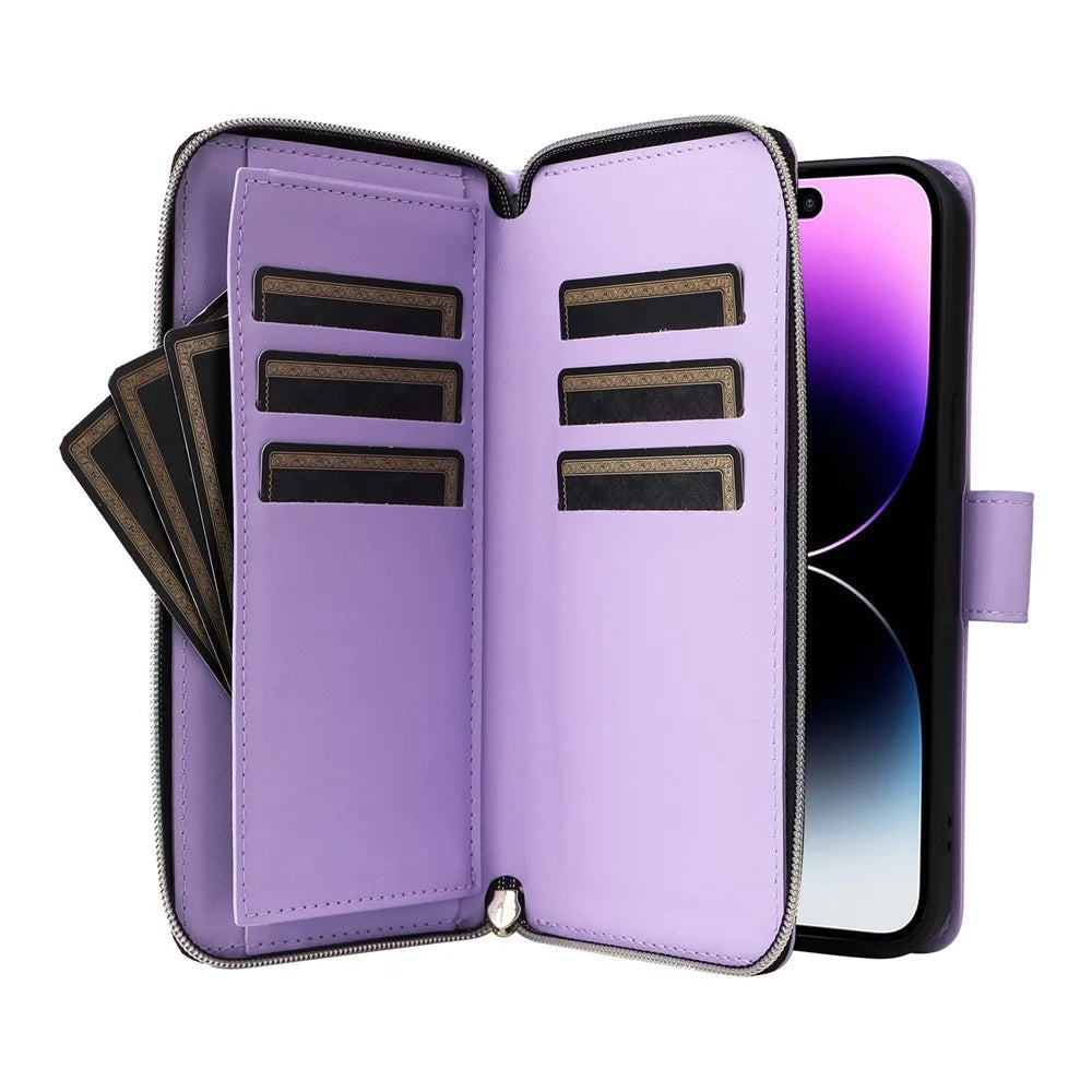 R20 For iPhone 14 Pro Case Zipper Pocket PU Leather Cover with 9 Card Slots - Purple - 3