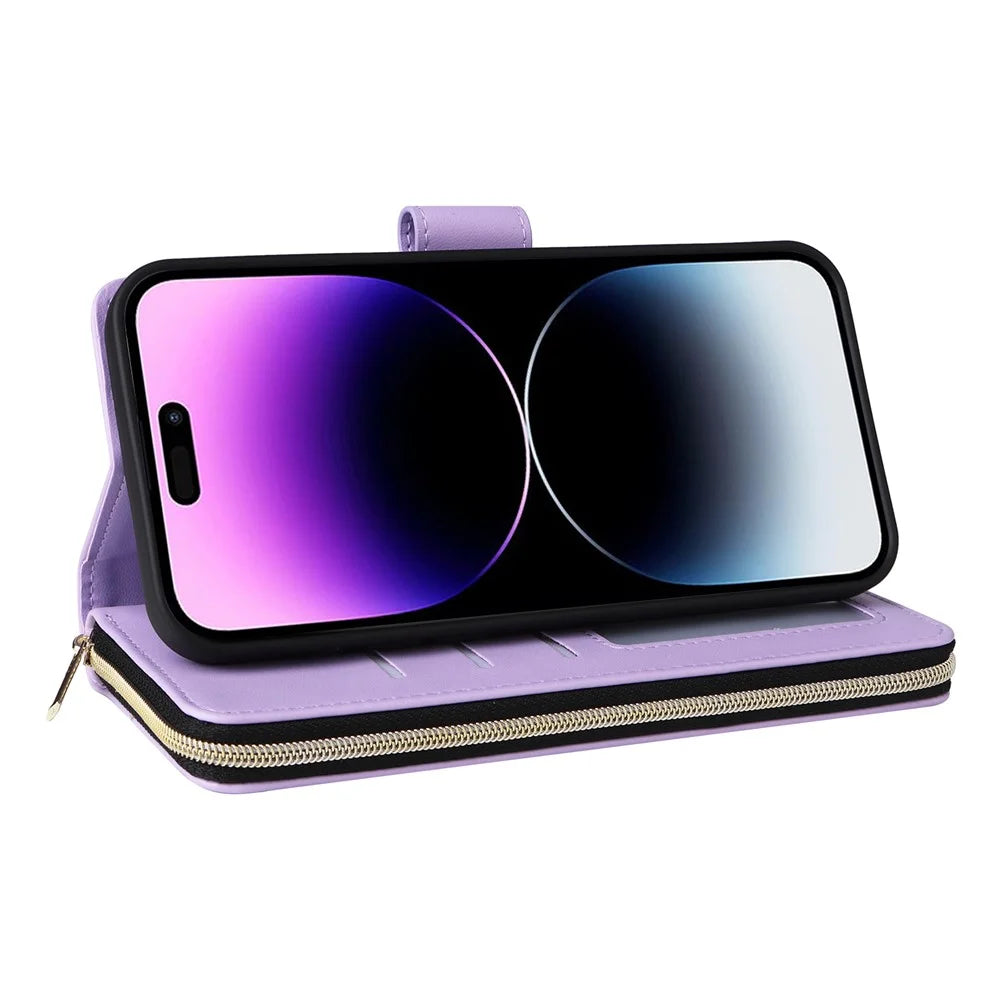 R20 For iPhone 14 Pro Case Zipper Pocket PU Leather Cover with 9 Card Slots - Purple - 4