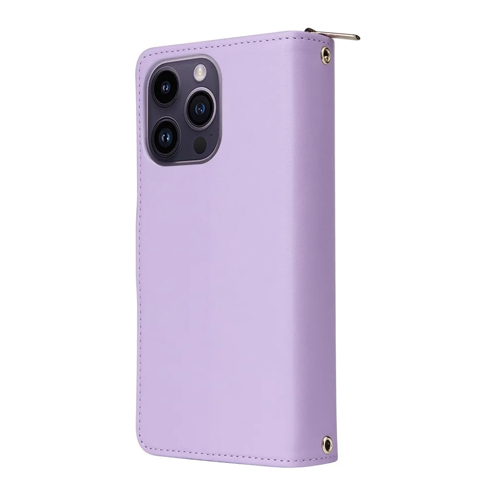 R20 For iPhone 14 Pro Case Zipper Pocket PU Leather Cover with 9 Card Slots - Purple - 6