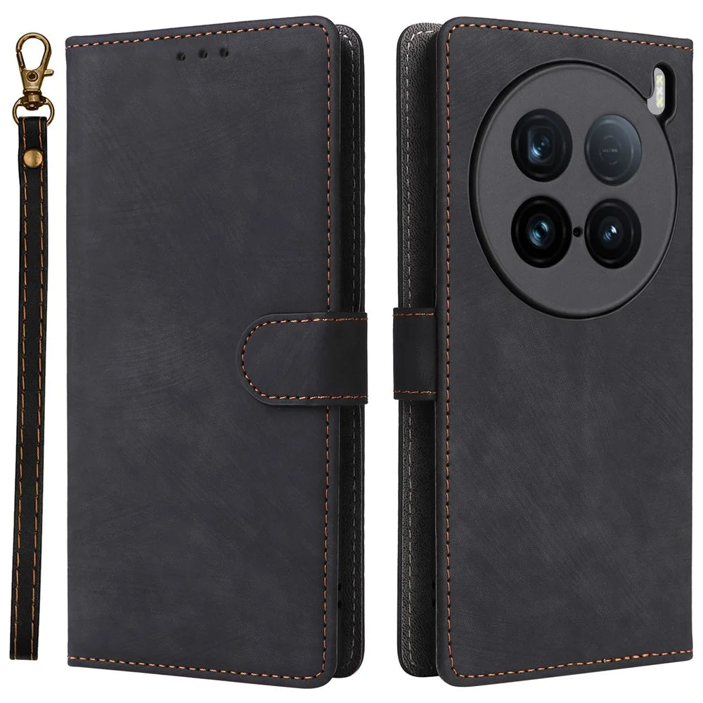 For vivo X100 Ultra 5G Case with Hand Strap RFID Blocking Wallet Leather Cover - Black - 1