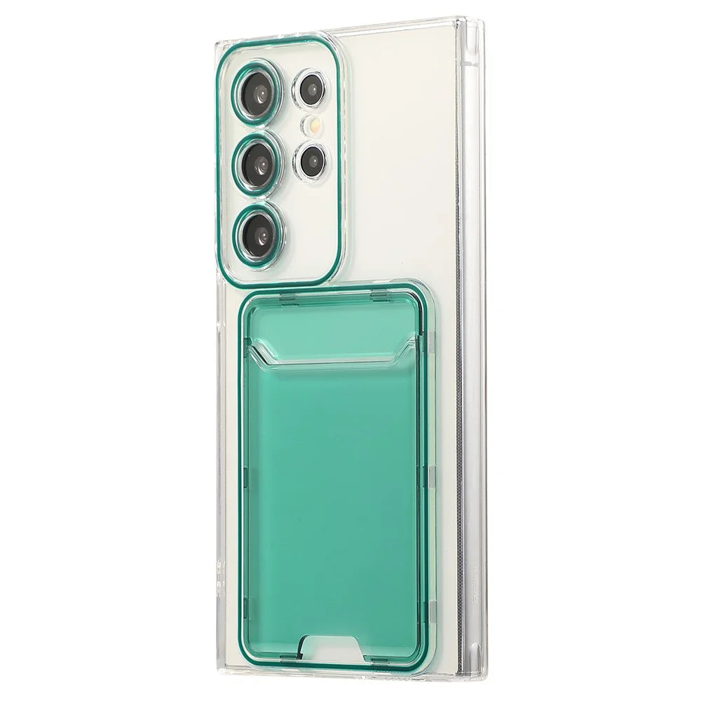For Samsung Galaxy S22 Ultra 5G Case Transparent TPU Card Holder Phone Cover - Green - 2