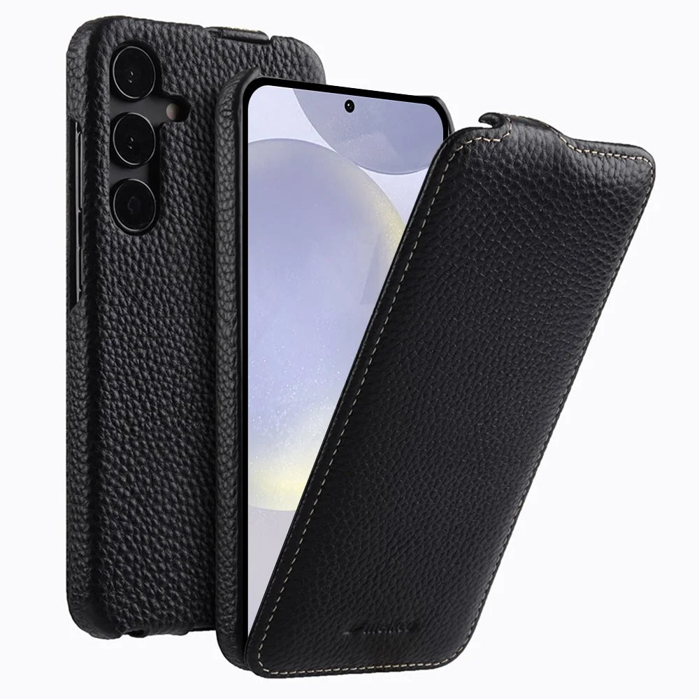 MELKCO For Samsung Galaxy S24 Case Vertical Flip Genuine Cow Leather Phone Cover Full Protection - Black - 1