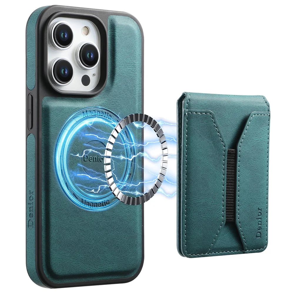 DENIOR D17 For iPhone 15 Pro Magnetic Case Leather Back Cover Detachable Card Bag Kickstand - Blue - 1